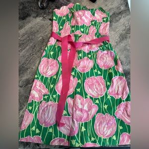 Lilly Pulitzer Pink Tulip and Green strapless dress White Label size 4